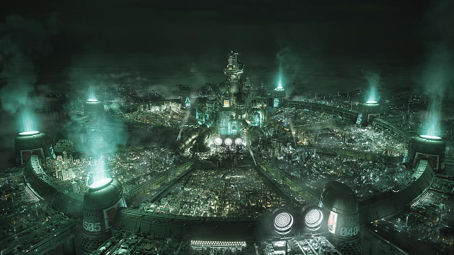 Midgar Cityscape at Night in Final Fantasy VII with Glowing Towers and Industrial Districts HD wallpaper
