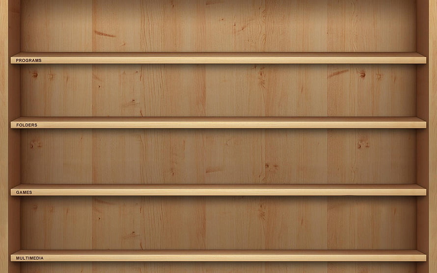 Empty Wooden Bookshelf with Labeled Shelves for Programs, Folders, Games, and Multimedia HD wallpaper