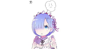 Rem from Re:Zero in a cute chibi maid outfit with a frustrated expression HD wallpaper