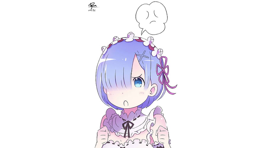 Rem from Re:Zero in a cute chibi maid outfit with a frustrated expression HD wallpaper