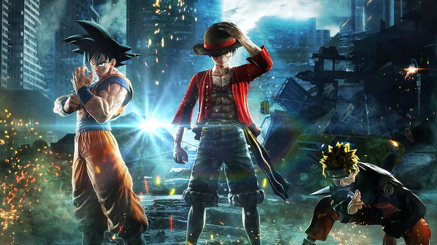 Jump Force Anime Crossover Featuring Goku, Luffy, and Naruto in a Destroyed City HD wallpaper