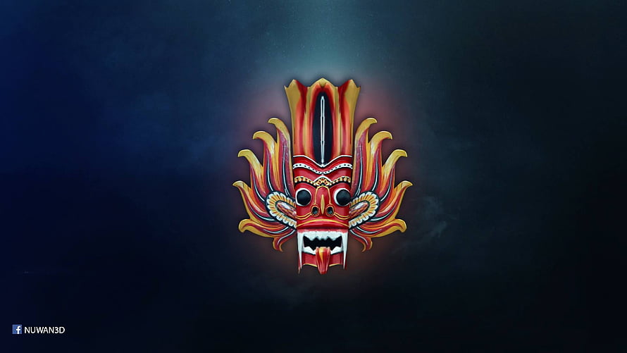 Traditional Sri Lankan Devil Mask with Fiery Red and Gold Details on Dark Background HD wallpaper