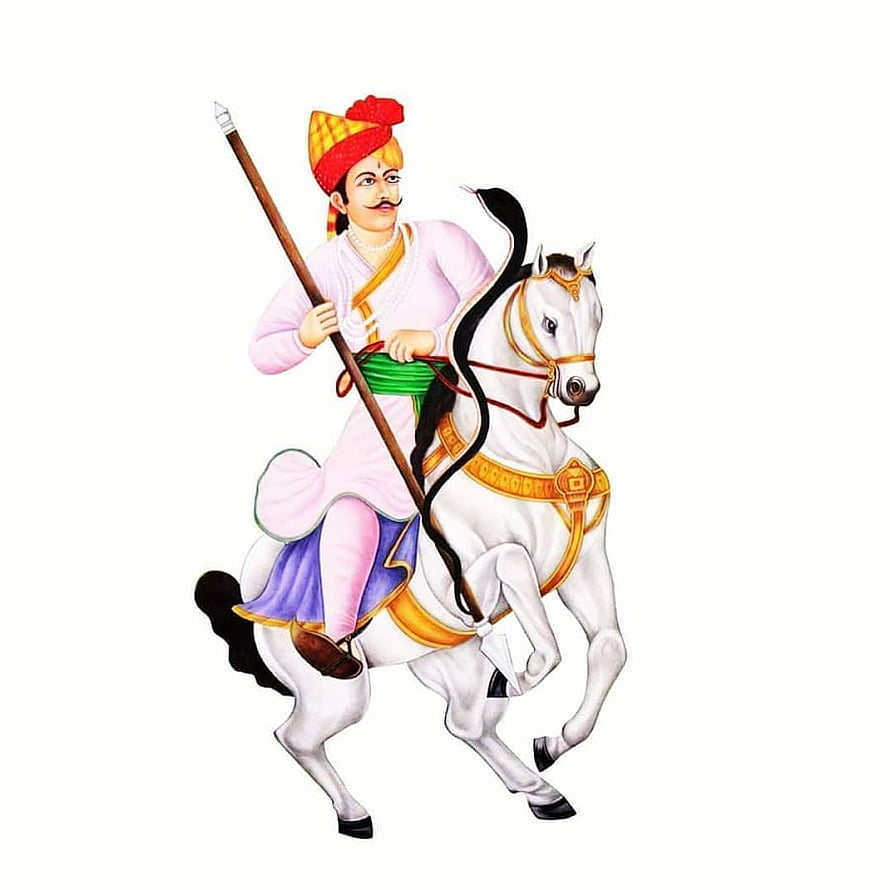 Veer Tejaji on White Horse with Spear in Traditional Indian Warrior Attire HD phone wallpaper