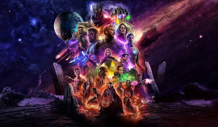 Avengers Endgame Cosmic Hero Ensemble Poster with Infinity Stones and Nebula Background HD wallpaper