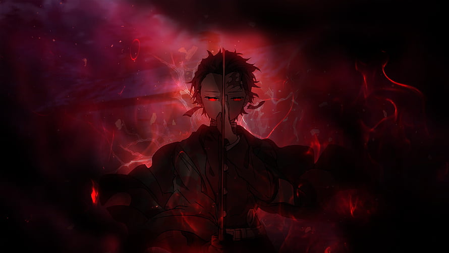 Tanjiro Kamado Demon Slayer Dark Anime Character with Glowing Red Eyes and Sword HD wallpaper