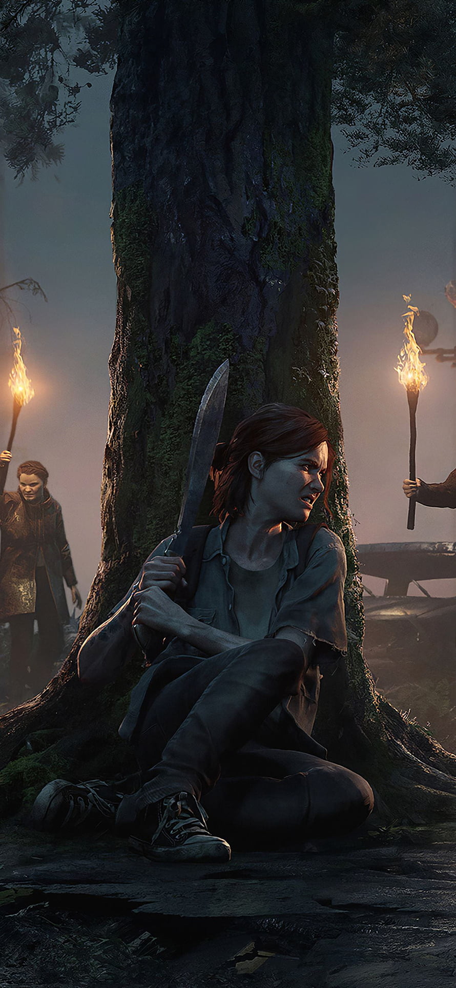 Ellie from The Last of Us Part I Holding a Machete in a Dark Forest Scene HD phone wallpaper