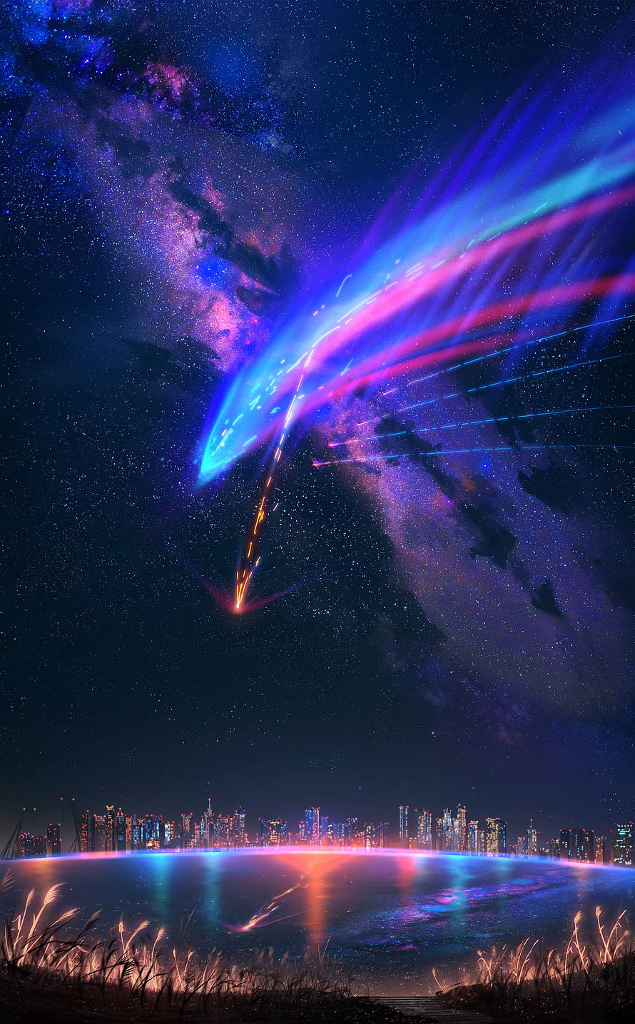 Neon Comet Streaking Over Futuristic City Skyline Under Starry Night Sky HD phone wallpaper