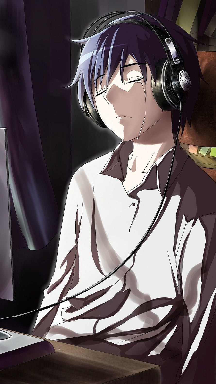 Emotional Anime Boy With Headphones Resting Eyes In Dim Room HD phone wallpaper