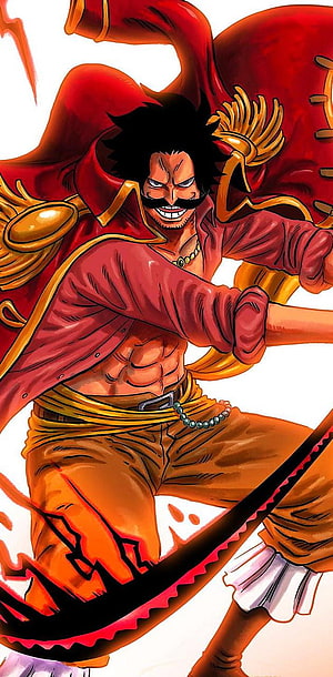 Gol D. Roger Wielding Sword in Red Coat and Gold Armor HD phone wallpaper