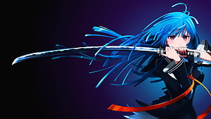 Blue-Haired Anime Girl Wielding a Katana in a Dark Setting HD wallpaper