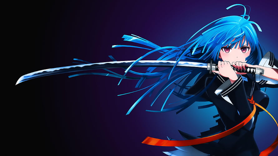 Blue-Haired Anime Girl Wielding a Katana in a Dark Setting HD wallpaper