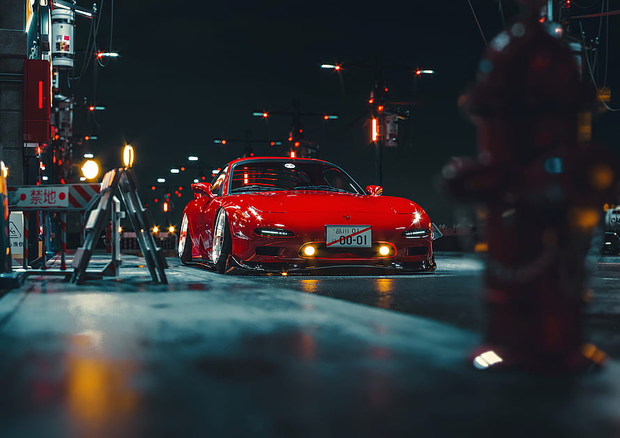 Red Mazda RX-7 Night Street Scene with Neon Lights and Wet Asphalt HD wallpaper