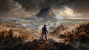 Lone Warrior Gazing at Epic Fantasy Mountain Landscape with Dramatic Stormy Sky HD wallpaper