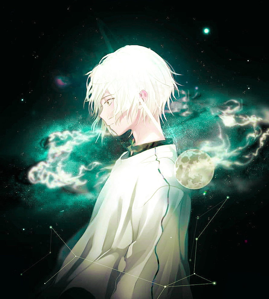 White-Haired Anime Boy in a Cosmic Nebula with Constellations and Moon HD phone wallpaper