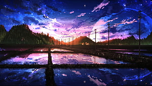 Anime Night Sky Over Rice Paddies With Giant Moon And Starry Reflections HD wallpaper