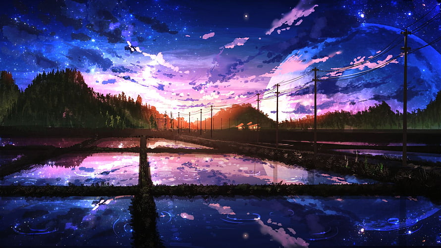 Anime Night Sky Over Rice Paddies With Giant Moon And Starry Reflections HD wallpaper