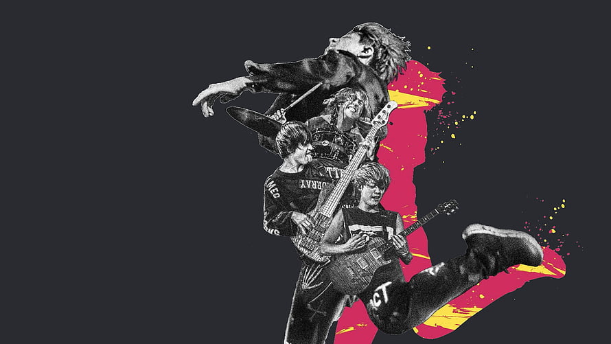 One Ok Rock Live Performance Collage with Vibrant Pink and Yellow Paint Splashes HD wallpaper