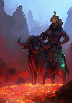 Yama, the Hindu God of Death, Riding His Bull Nandi Through a Volcanic Landscape HD phone wallpaper