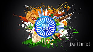 Jai Hind India Independence Day Artwork Featuring Ashoka Chakra and National Landmarks HD wallpaper