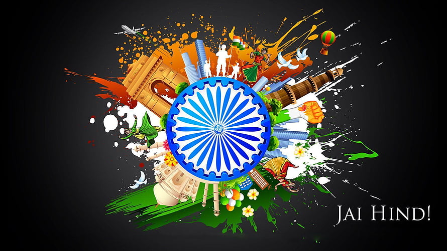 Jai Hind India Independence Day Artwork Featuring Ashoka Chakra and National Landmarks HD wallpaper
