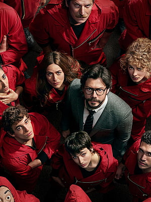 Money Heist Cast in Red Jumpsuits and Masks with the Professor in a Grey Suit HD phone wallpaper