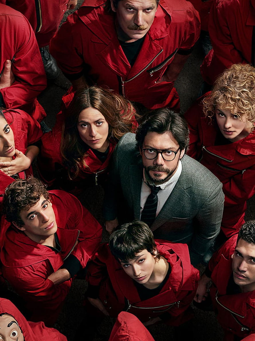 Money Heist Cast in Red Jumpsuits and Masks with the Professor in a Grey Suit HD phone wallpaper