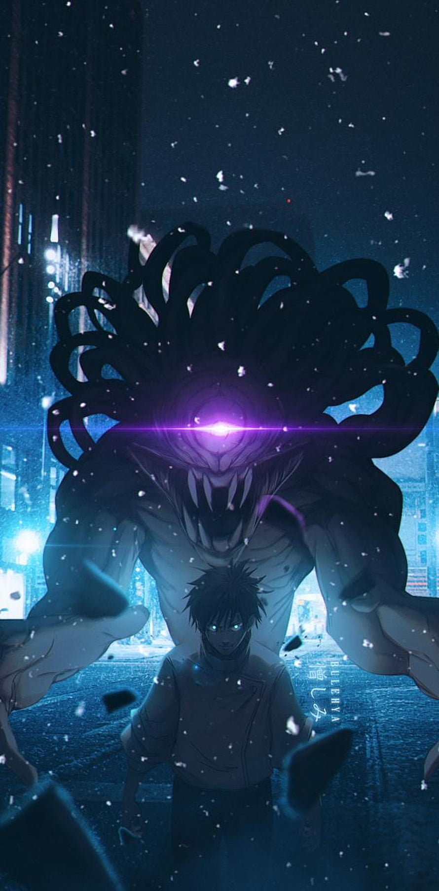 Okkotsu Yuta and the Cursed Spirit in a Snowy Night Cityscape HD phone wallpaper