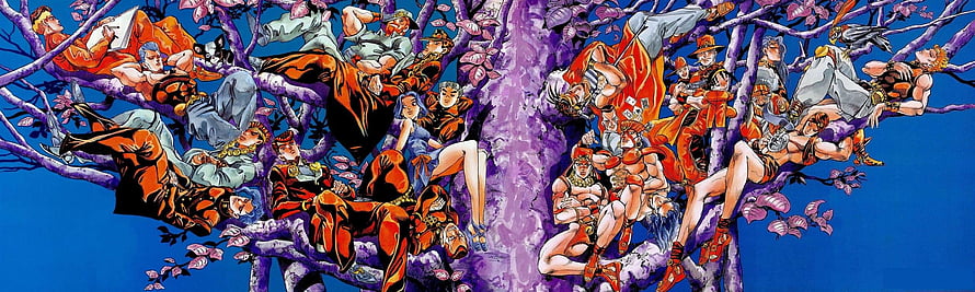 Jojo's Bizarre Adventure Cast Reclining on a Purple Cherry Blossom Tree HD wallpaper