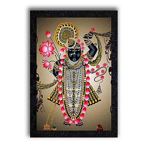 Shrinathji Temple Natwara Devotional Art Print with Ornate Frame and Lotus Motifs HD phone wallpaper