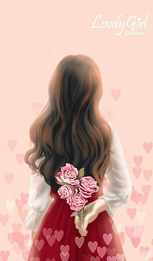 Romantic Girl Holding Pink Roses Behind Her Back in Red Dress HD phone wallpaper