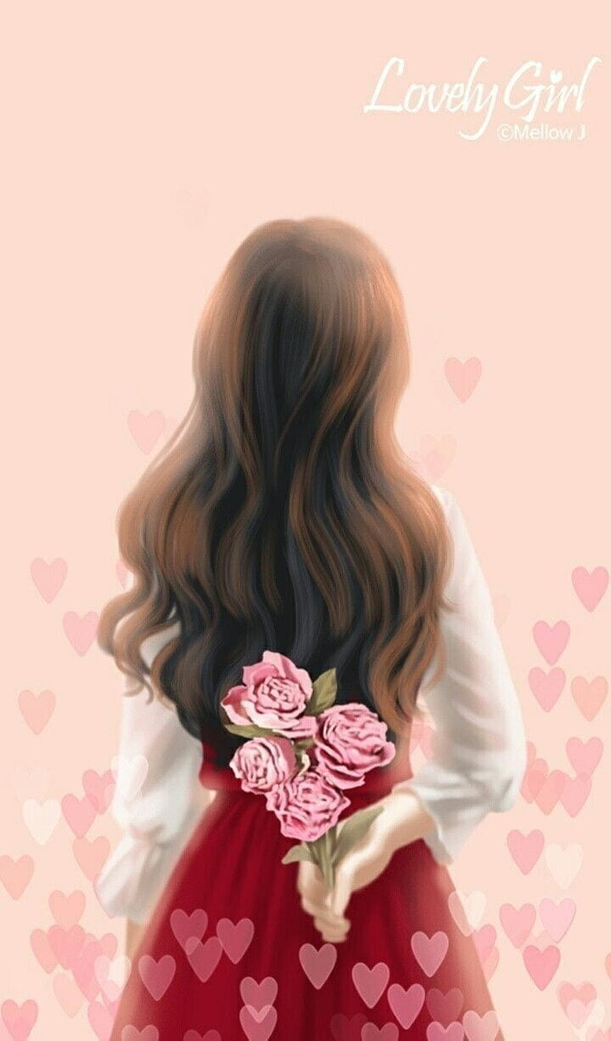 Romantic Girl Holding Pink Roses Behind Her Back in Red Dress HD phone wallpaper