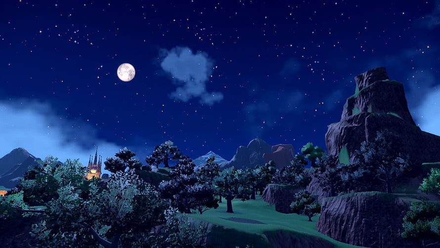 Stylized Nighttime Landscape with Moonlit Forest and Distant Castle in Pokemon Scarlet and Violet HD wallpaper