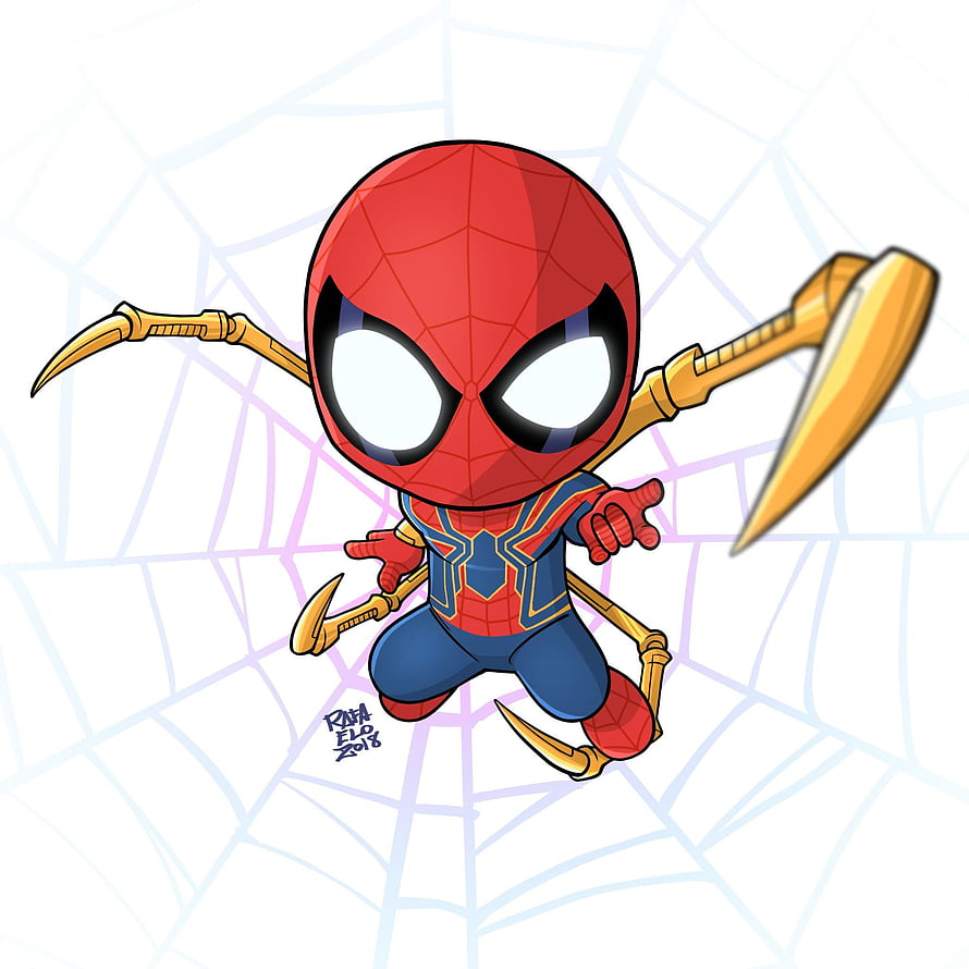 Chibi Spider-Man with Golden Web-Shooters on Spider Web Background HD phone wallpaper
