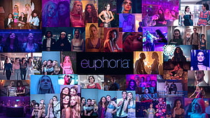 Euphoria TV Series Character Collage with Neon Purple and Blue Lighting HD wallpaper