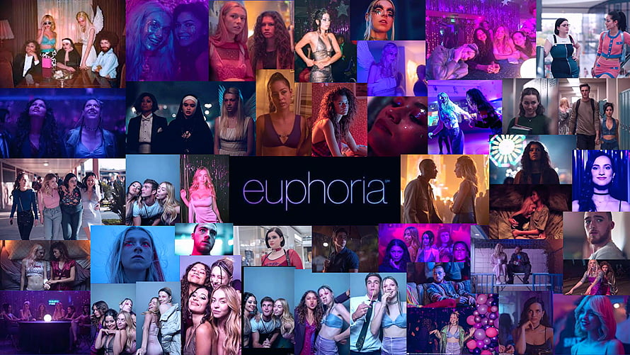 Euphoria TV Series Character Collage with Neon Purple and Blue Lighting HD wallpaper