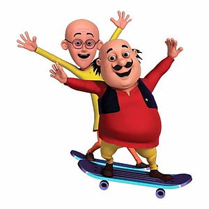 Motu Patlu 3D Animated Characters Riding Skateboards Together HD phone wallpaper