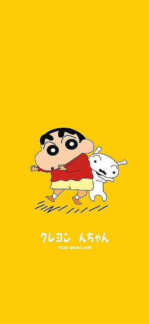 Crayon Shin-chan and Shiro Running on a Bright Yellow Background HD phone wallpaper