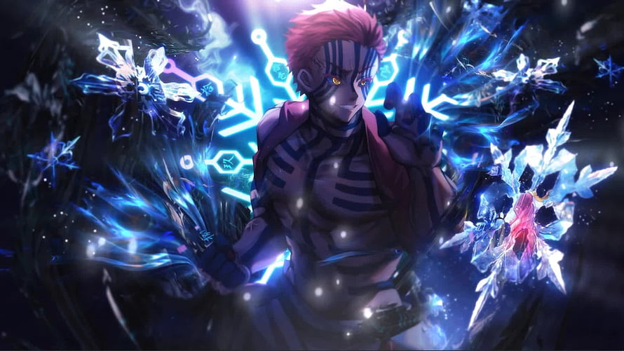 Akaza from Demon Slayer Wielding Glowing Ice Crystals in Dark Fantasy Anime Art HD wallpaper