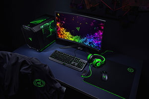 Razer Gaming Desk Setup With RGB PC Tower, Monitor, Keyboard, Mouse, and Headset HD wallpaper
