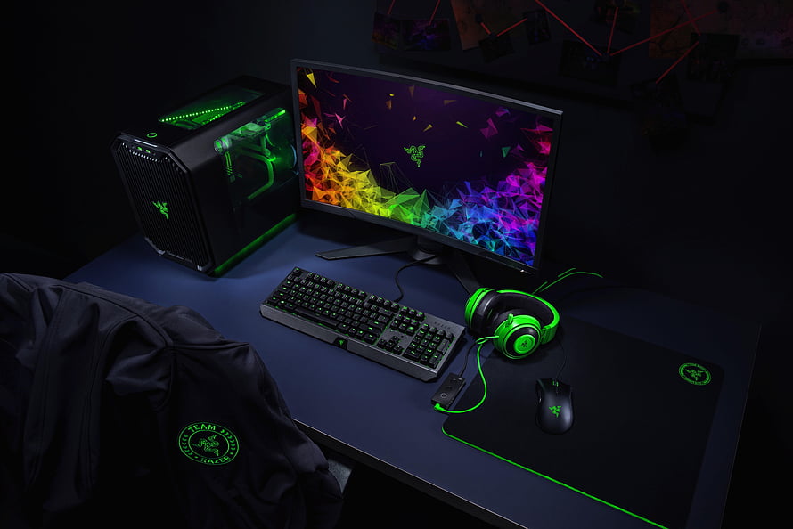 Razer Gaming Desk Setup With RGB PC Tower, Monitor, Keyboard, Mouse, and Headset HD wallpaper