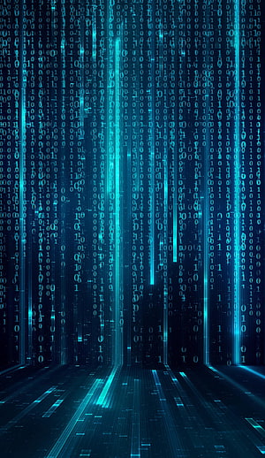 Cyan Digital Data Stream Corridor with Binary Code and Glowing Light Trails HD phone wallpaper