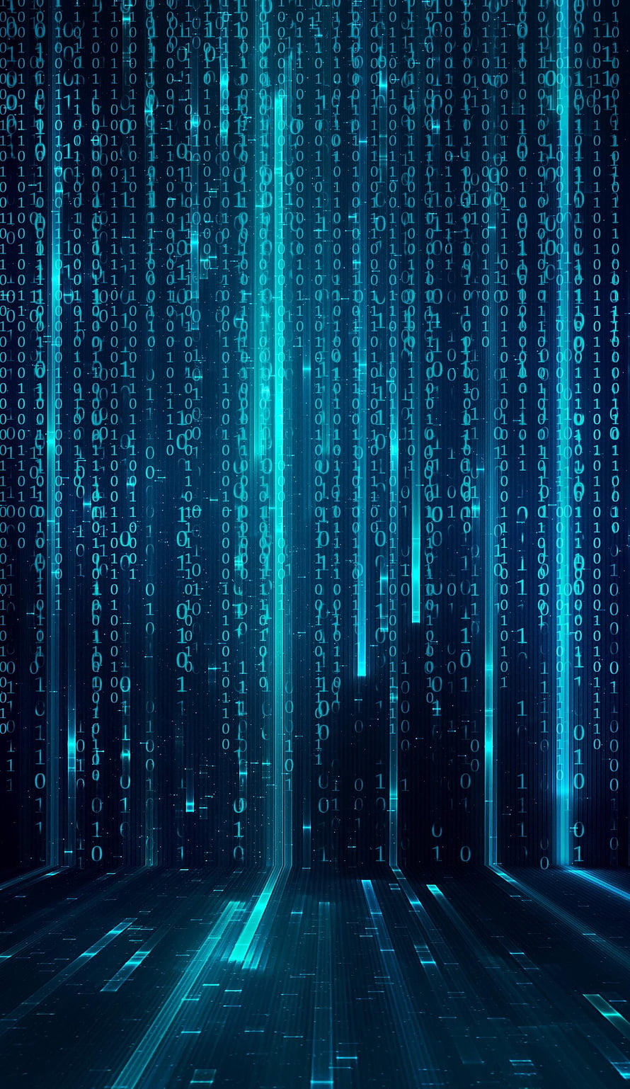 Cyan Digital Data Stream Corridor with Binary Code and Glowing Light Trails HD phone wallpaper