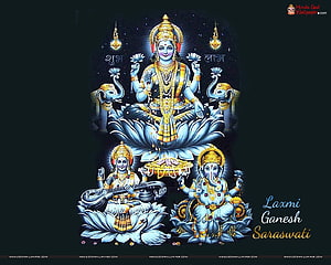 Laxmi Ganesh Saraswati Hindu Deity Illustration on Lotus with Golden Ornaments HD wallpaper