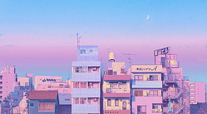 Pastel Pink Japanese Cityscape at Dusk with Crescent Moon and Retro Buildings HD wallpaper