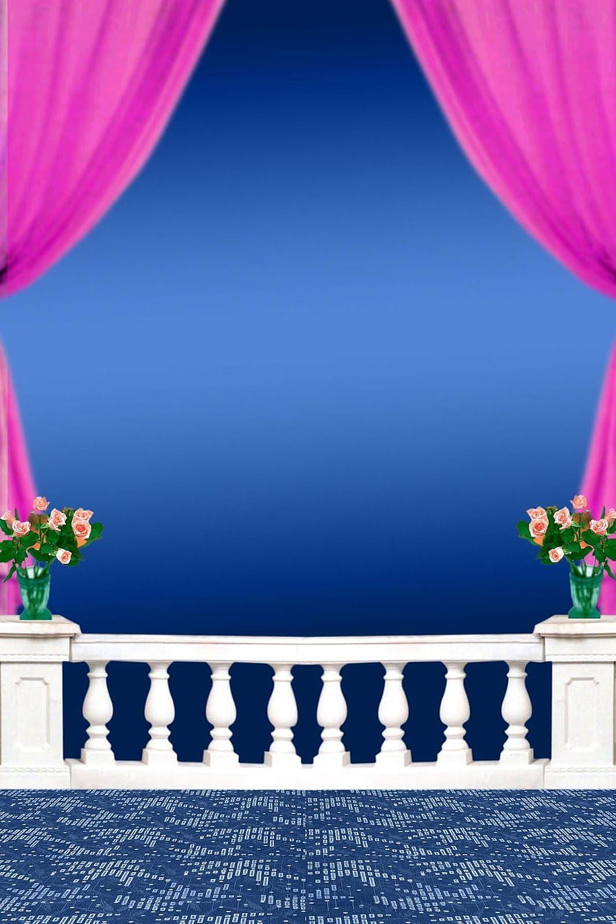 Elegant Balcony Stage Set With Pink Drapes And Rose Vases Against Blue Backdrop HD phone wallpaper