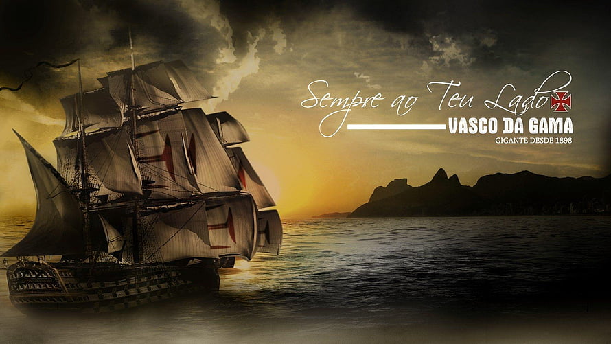 Vasco da Gama sailing ship at sunset with dramatic storm clouds and coastal mountains HD wallpaper