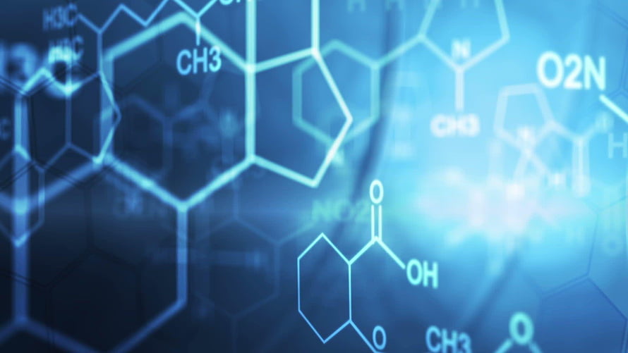 Blue Molecular Structure Chemistry Background with Hexagonal Lattice and Chemical Formulas HD wallpaper