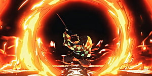 Tanjiro Kamado Sun Breathing Fire Ring Demon Slayer Anime Action Scene HD wallpaper
