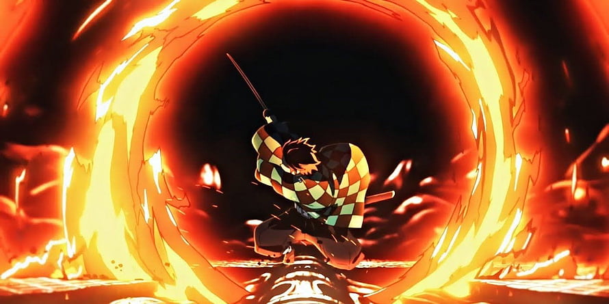 Tanjiro Kamado Sun Breathing Fire Ring Demon Slayer Anime Action Scene HD wallpaper