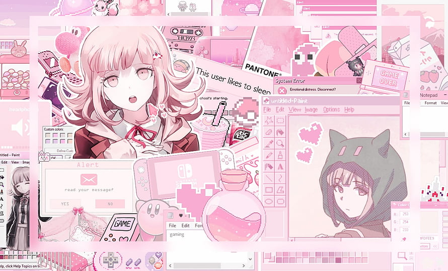 Chiaki Nanami Danganronpa Pink Aesthetic Desktop Collage with Retro Gaming Elements HD wallpaper